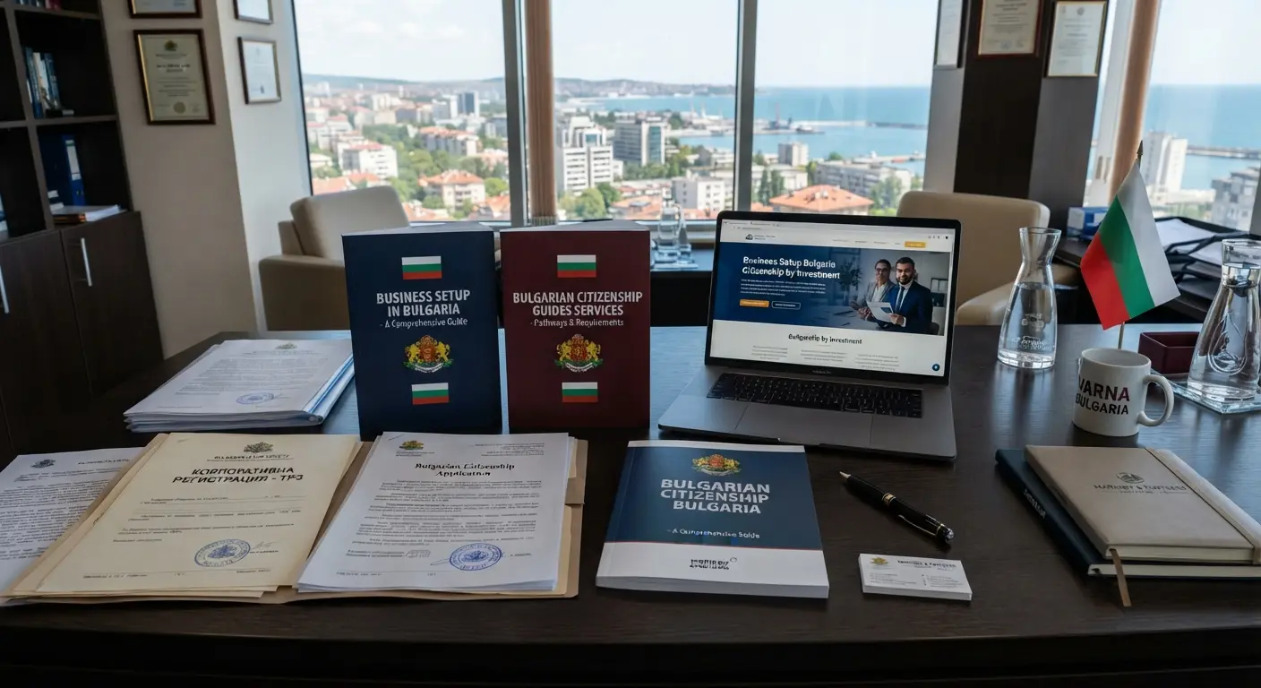 Advisors reviewing corporate formation documents and legal strategy guides in a modern office.