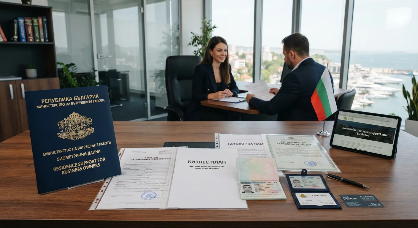 A professional desk setup in Varna displaying residence application documents and business strategy notes.