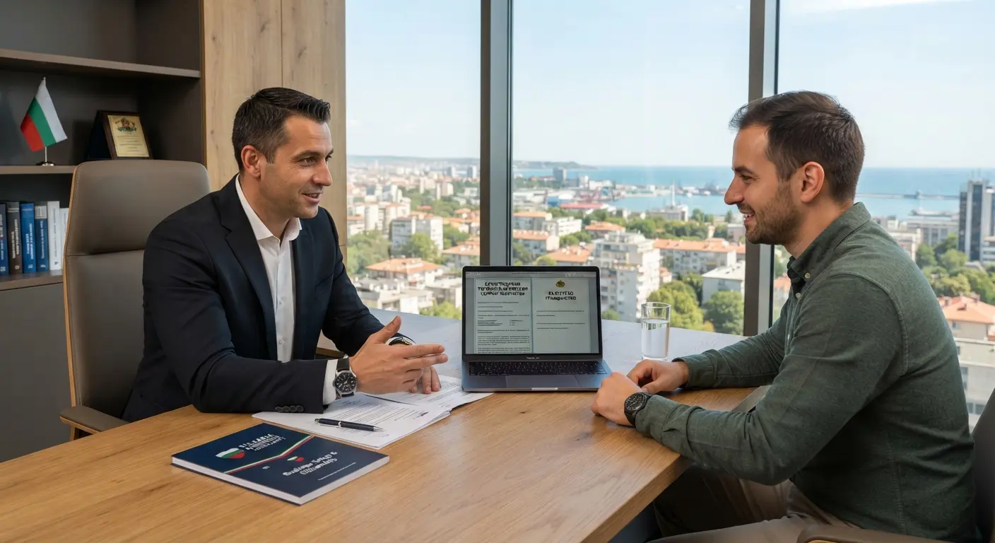 Professional team members discussing documentation in a modern office.