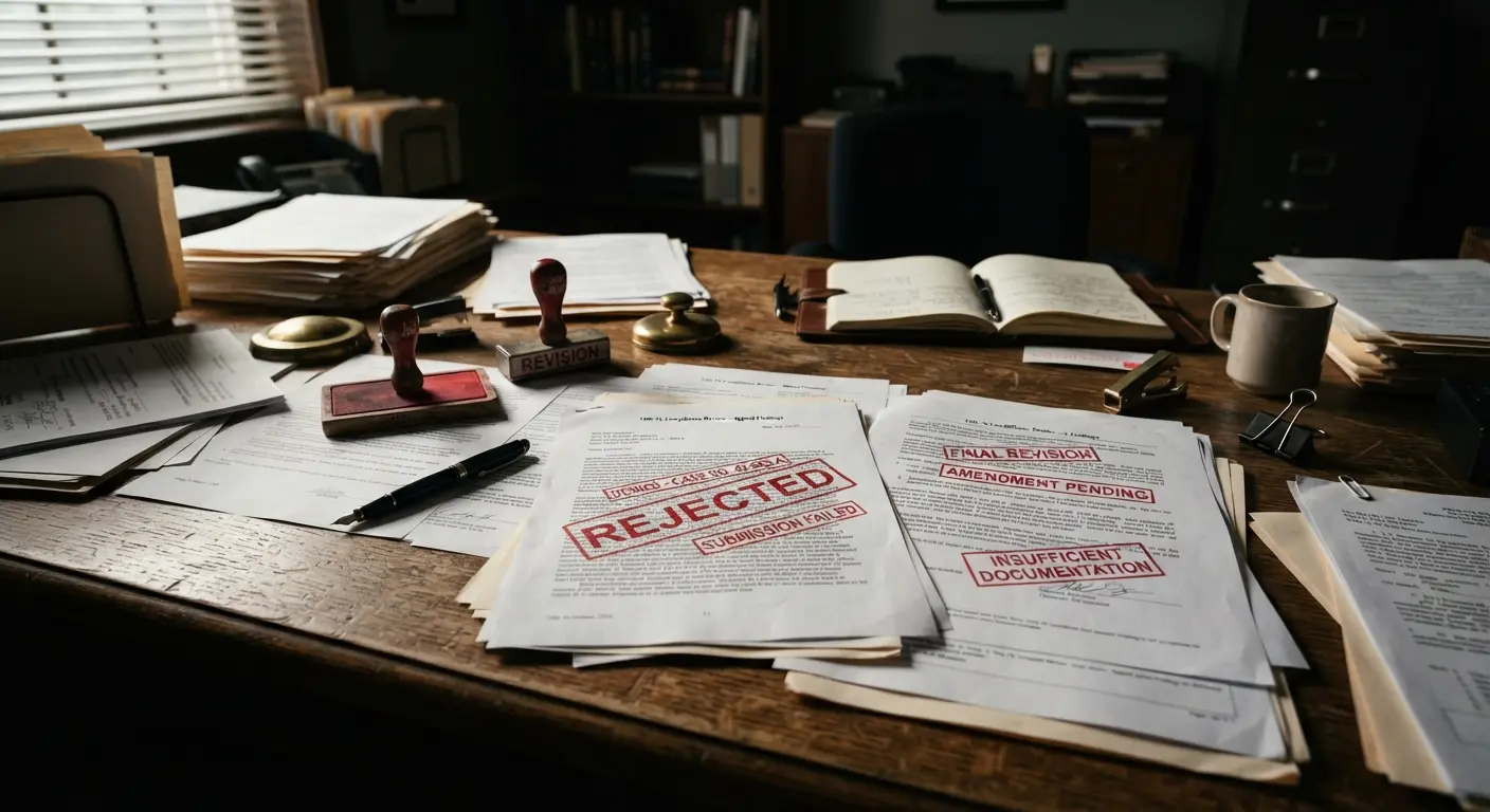 A cluttered desk with rejected legal documents and official stamps symbolizing bureaucratic risks in business setup.