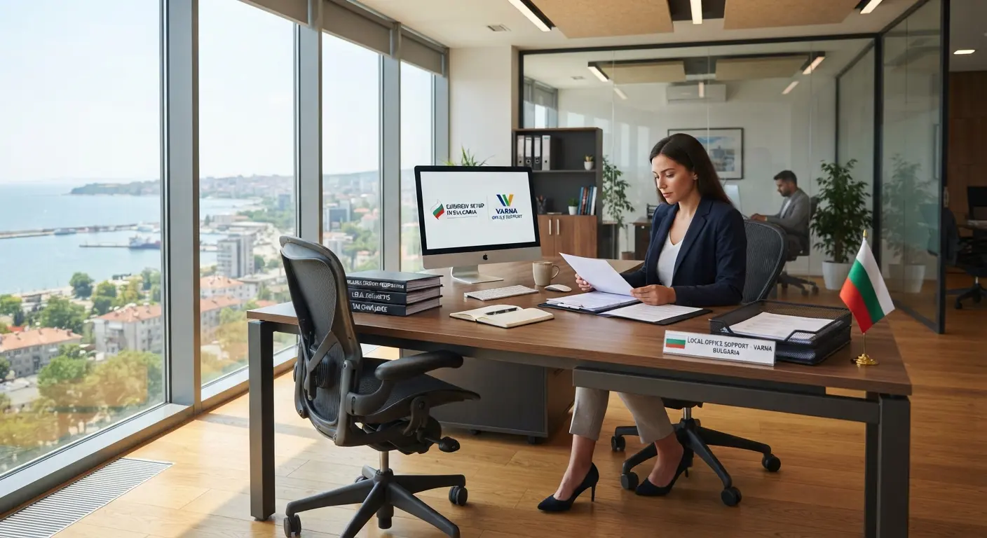 A modern workspace in Varna prepared for administrative tasks and client meetings.