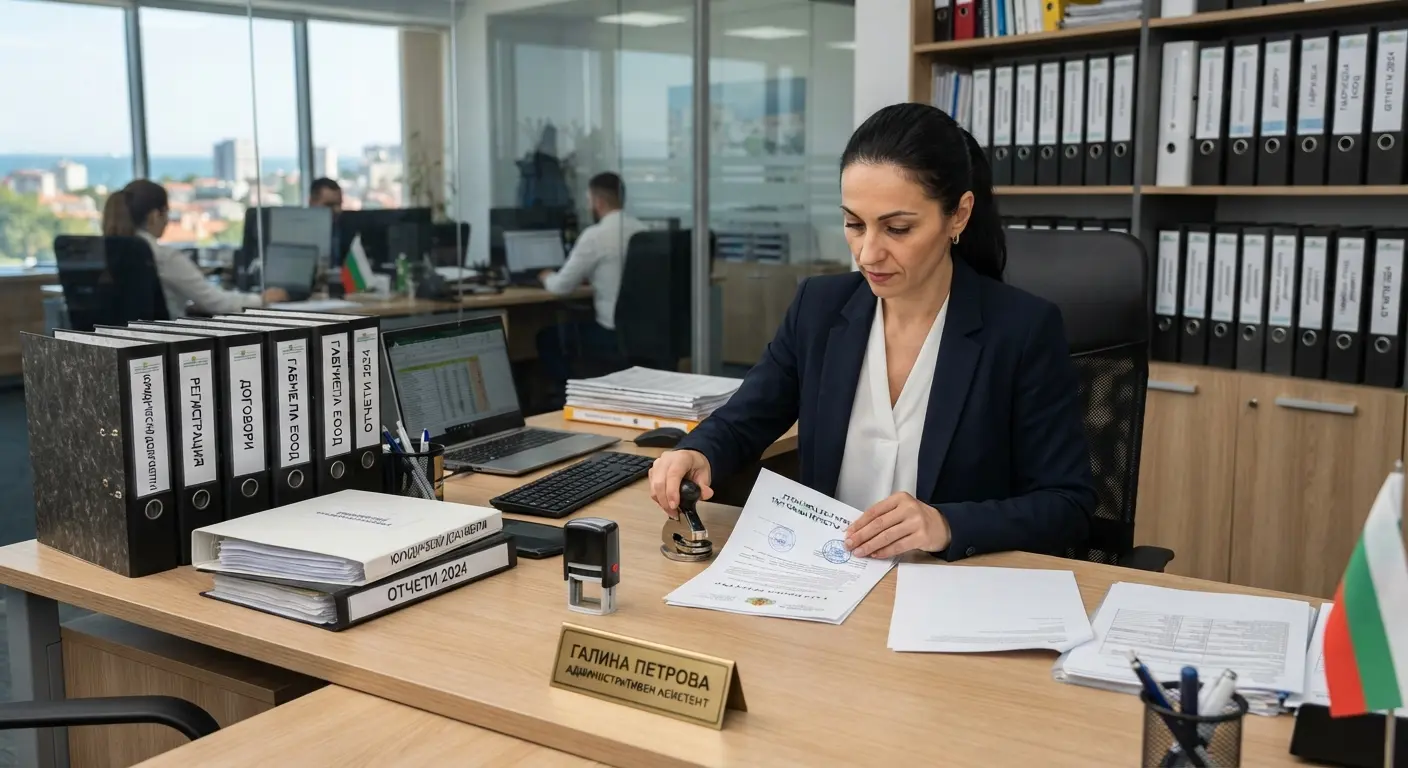 Professional team reviewing administrative documents in an office setting.